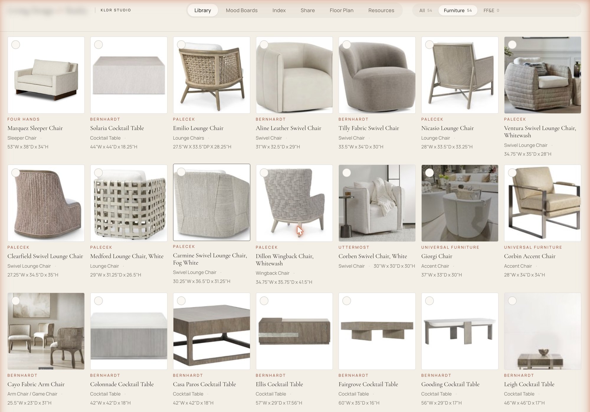 The Living Design Studio app: a furniture product library with vendors, dimensions, and selections